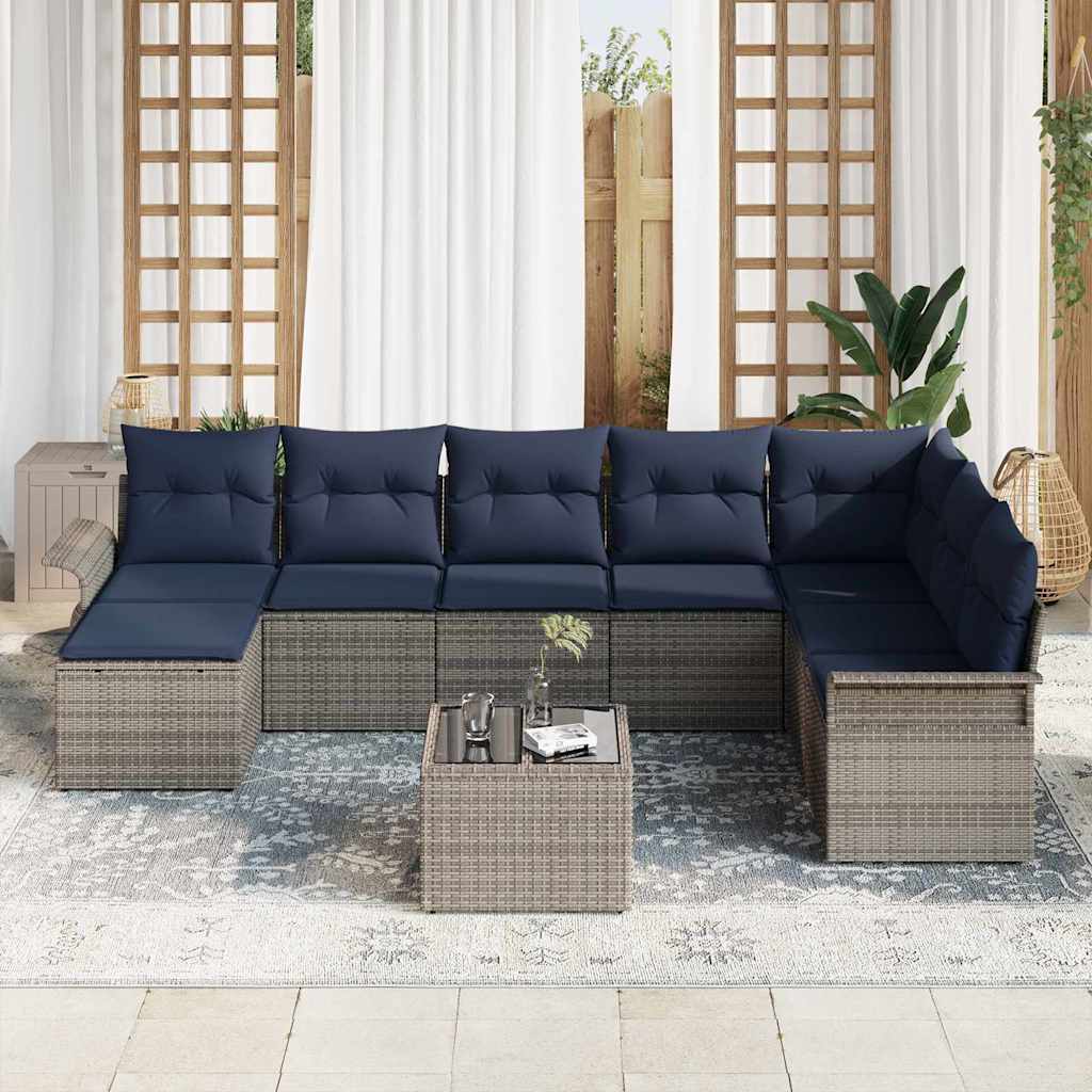 Conjunto de sofá de jardín con cojín 9 pcs Gris Poliratán