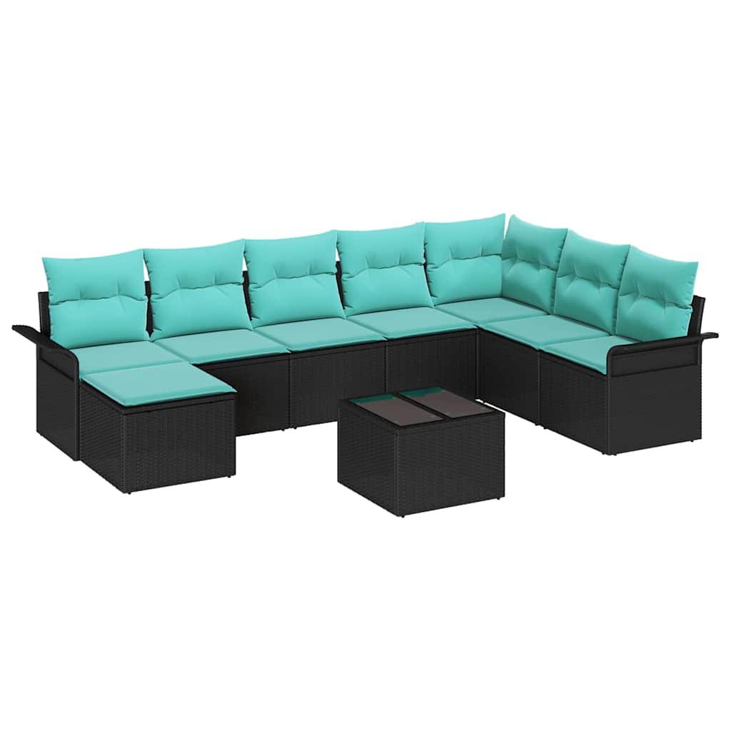 Conjunto de sofá de jardín con cojín 9 pcs Negro Poliratán