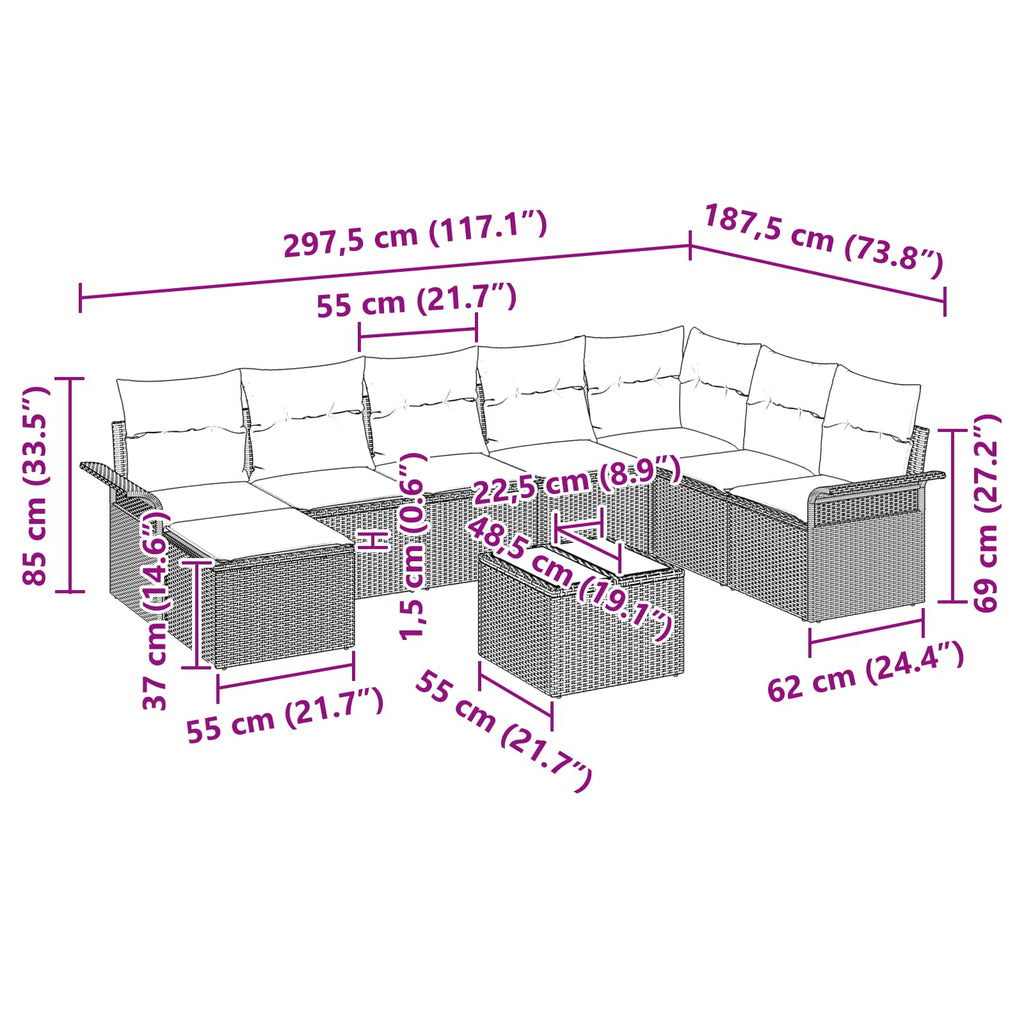 Conjunto de sofá de jardín con cojín 9 pcs Negro Poliratán