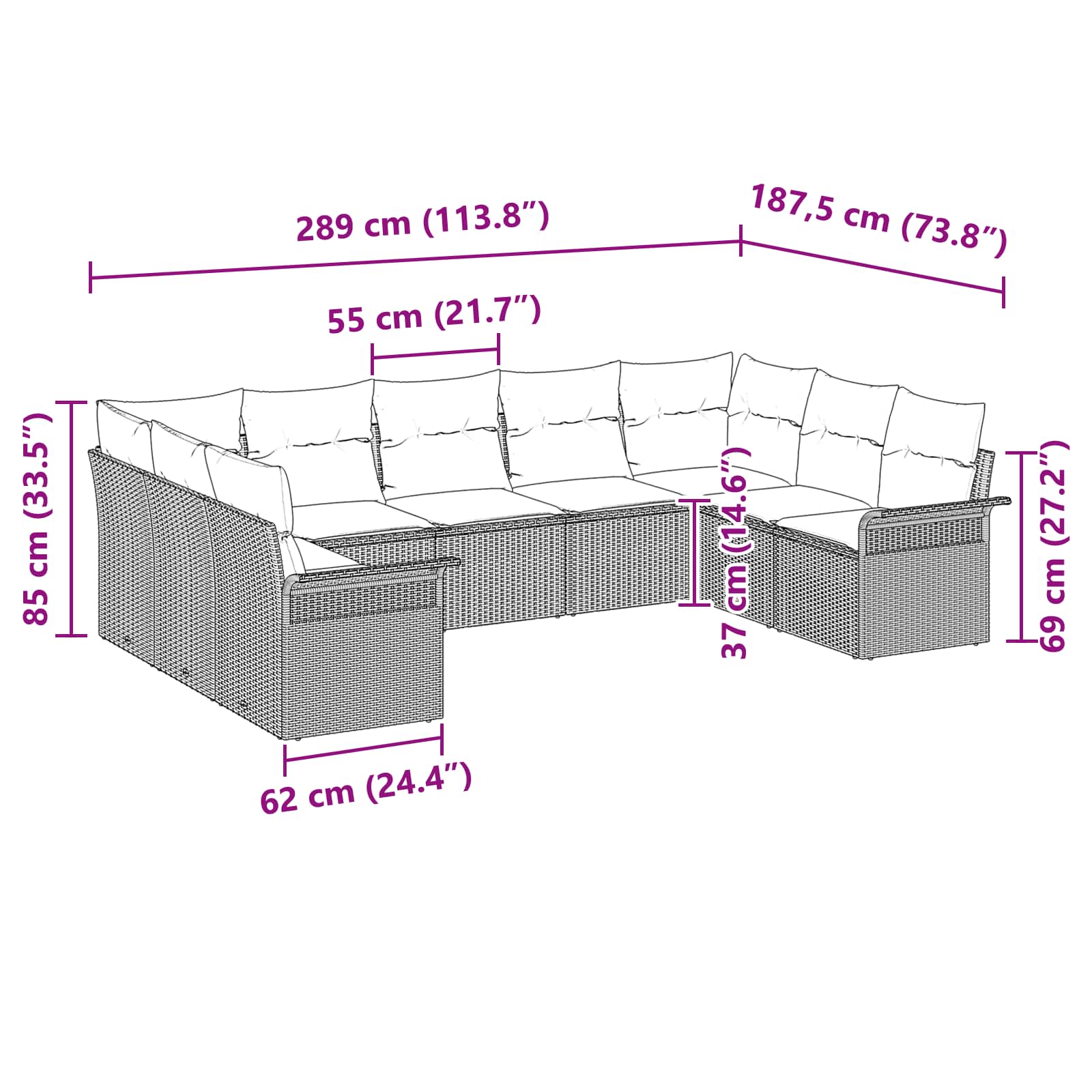 Conjunto de sofá de jardín 9 pcs Gris Claro ratán sintético