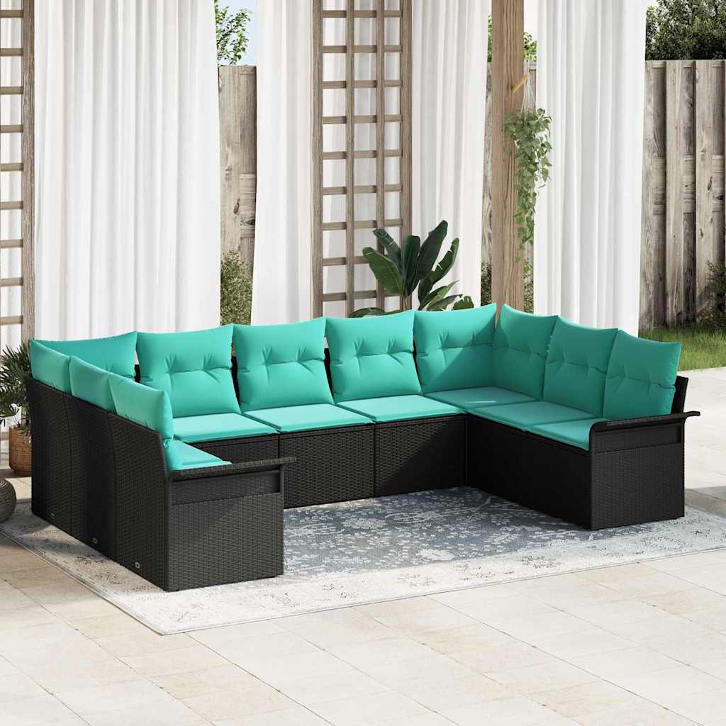 Conjunto de sofá de jardín 9 pcs Negro ratán sintético