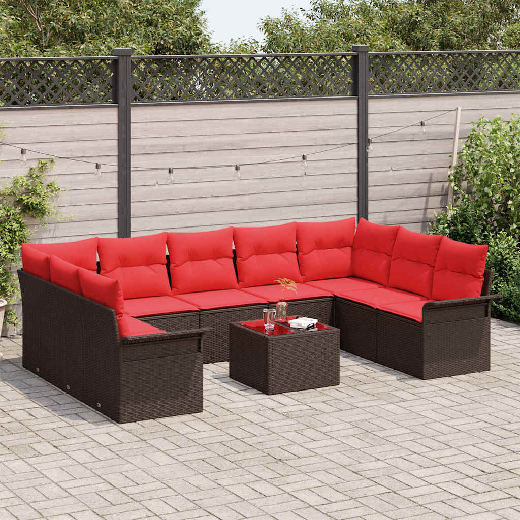 Conjunto de sofá de jardín con cojín 10 pcs Marrón Poliratán