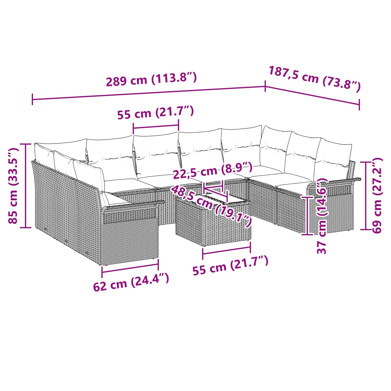 Conjunto de sofá de jardín 10 pcs Gris ratán sintético