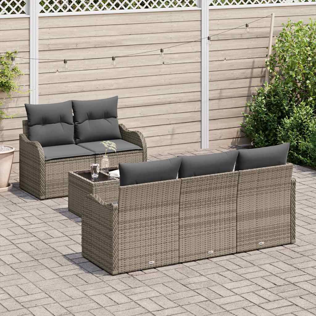 Conjunto de sofá de jardín 6 pcs Gris Poliratán, Acero y Vidrio