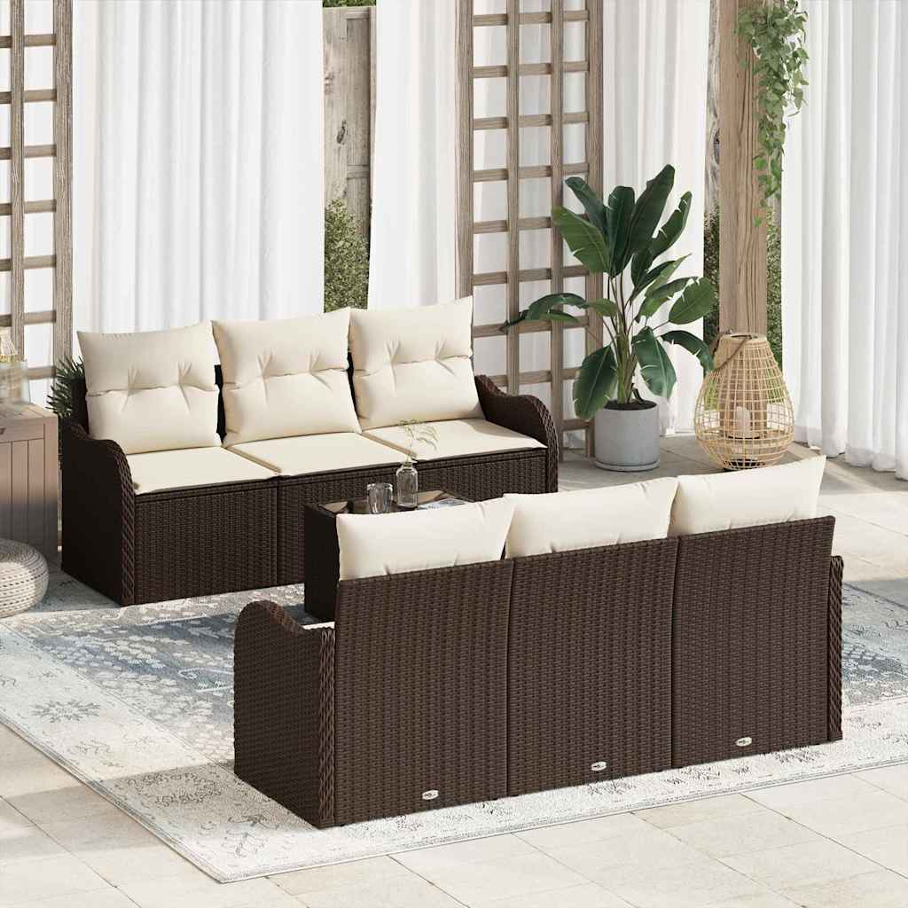 Conjunto de sofá de jardín con cojín 7 pcs Marrón y crema