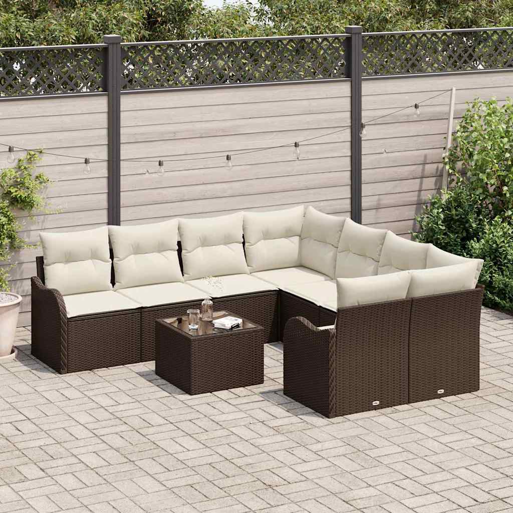 Conjunto de sofá de jardín con cojín 9 pcs Marrón y crema
