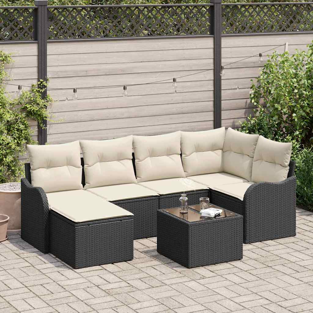 Conjunto de sofá de jardín 7 pcs Negro y blanco Poliratán