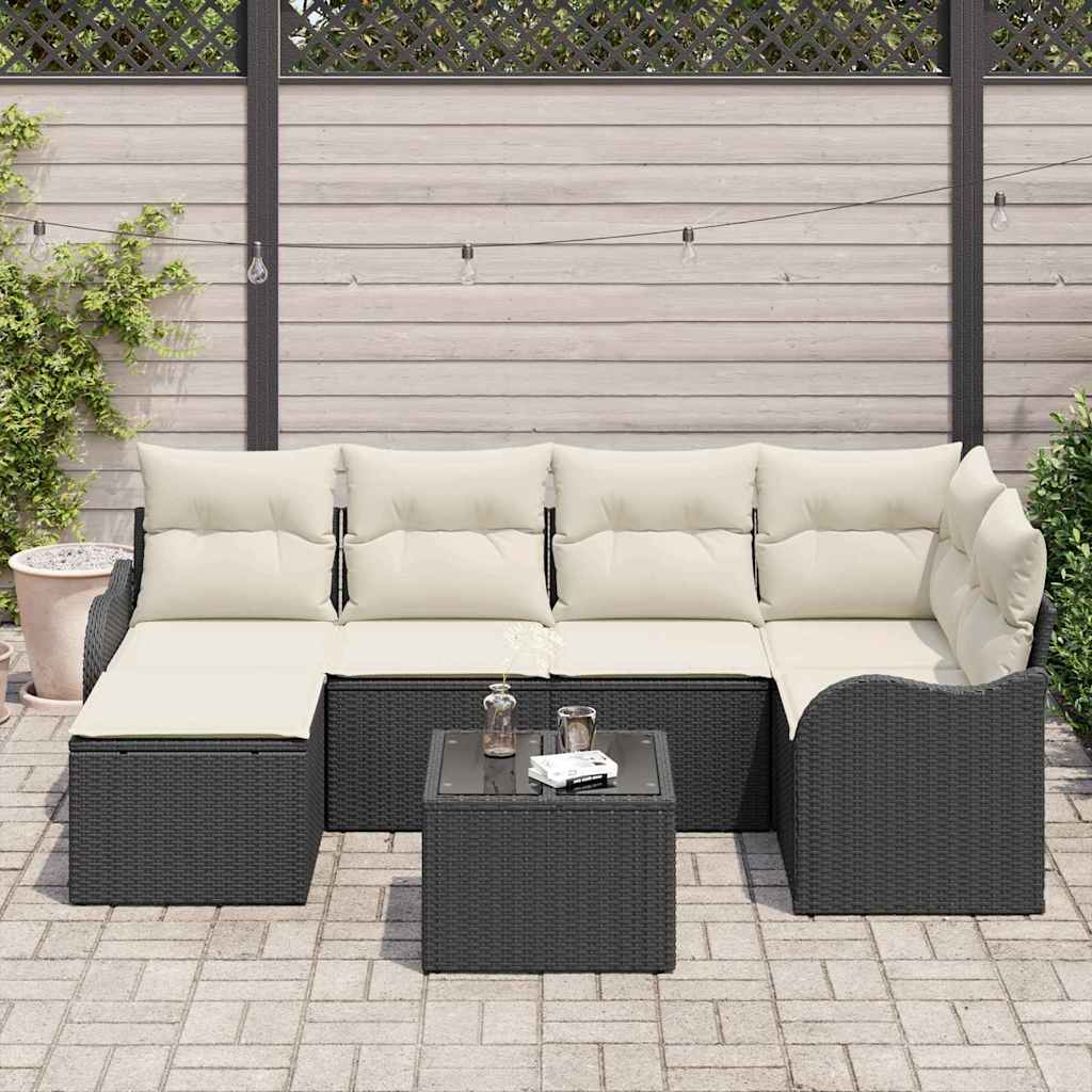 Conjunto de sofá de jardín 7 pcs Negro y blanco Poliratán