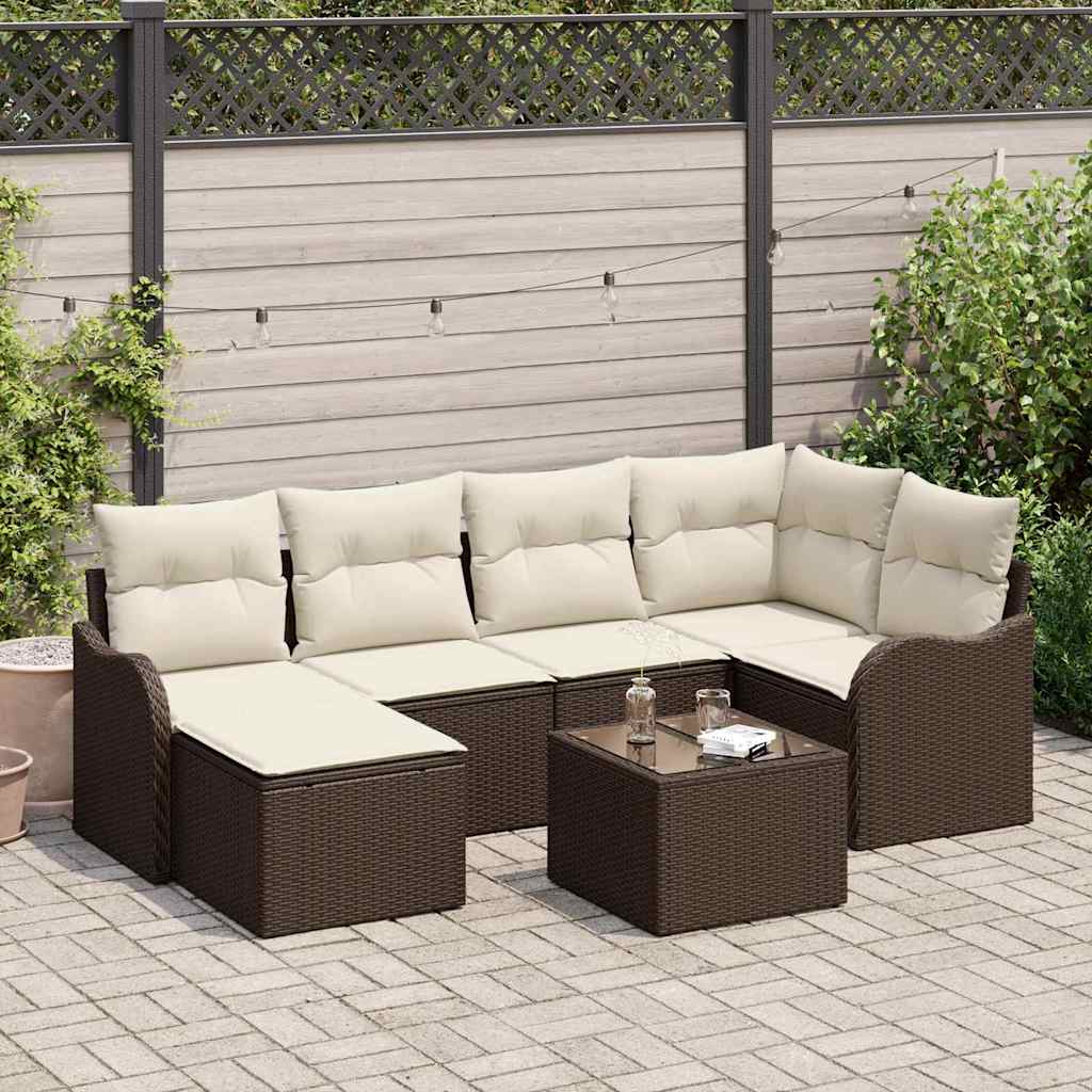 Conjunto de sofá de jardín 7 pcs Marrón y blanco Poliratán