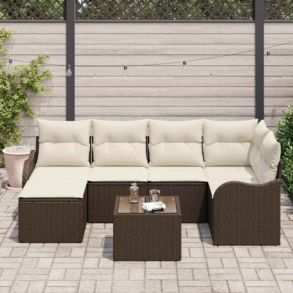 Conjunto de sofá de jardín 7 pcs Marrón y blanco Poliratán