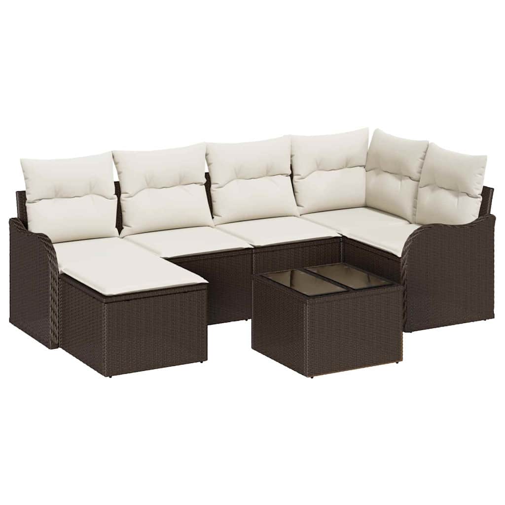 Conjunto de sofá de jardín 7 pcs Marrón y blanco Poliratán