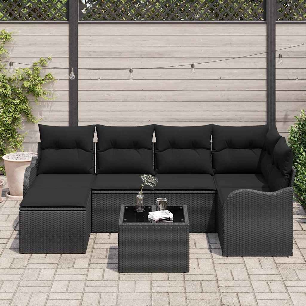 Conjunto de sofá de jardín con cojín 7 pcs Negro Poliratán