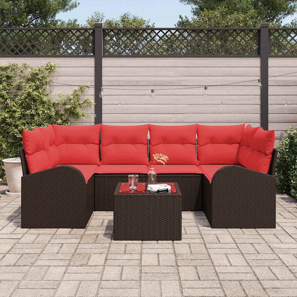 Conjunto de sofá de jardín 7 pcs Beige y Rojo ratán sintético