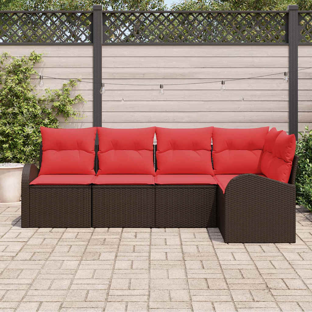 Conjunto de sofás de jardín 5 pcs Marrón y Rojo ratán sintético
