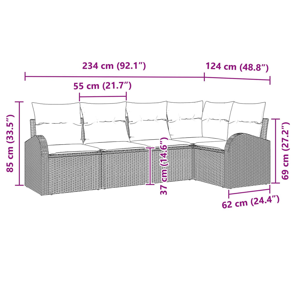 Conjunto de sofás de jardín 5 pcs Marrón y Rojo ratán sintético