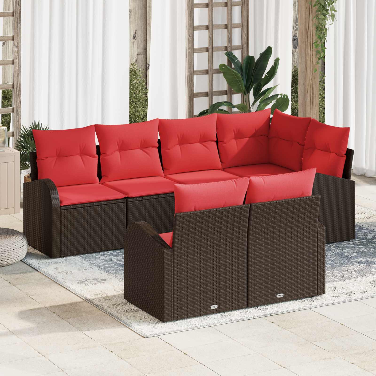 Conjunto de sofá de jardín 7 pcs Marrón y Rojo ratán sintético