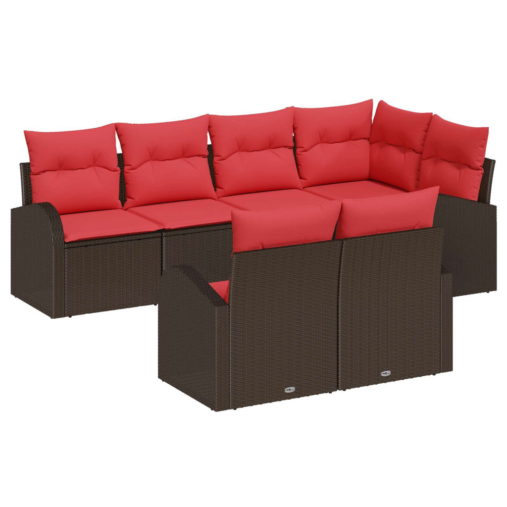 Conjunto de sofá de jardín 7 pcs Marrón y Rojo ratán sintético