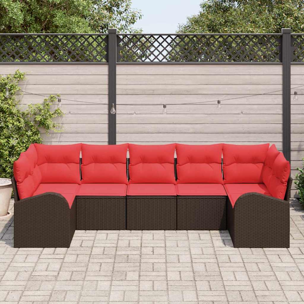 Conjunto de sofás de jardín 7 pcs Marrón y Rojo ratán sintético