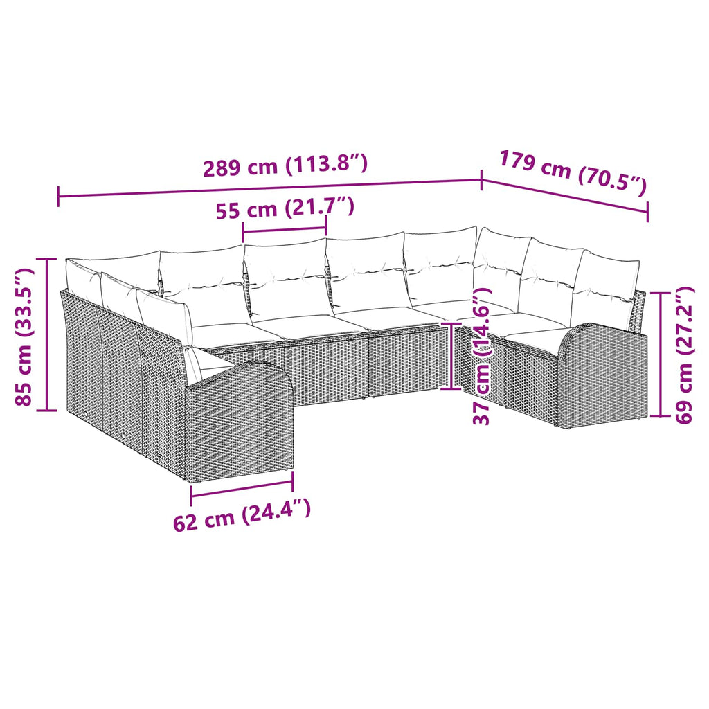Conjunto de sofás de jardín 9 pcs Marrón y Rojo ratán sintético