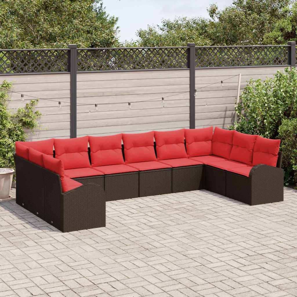 Conjunto de sofás de jardín con cojín 10 pcs Marrón y Rojo