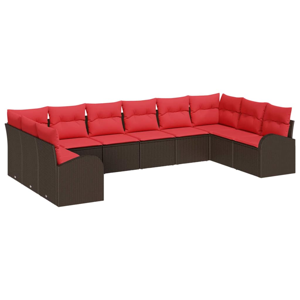 Conjunto de sofás de jardín con cojín 10 pcs Marrón y Rojo