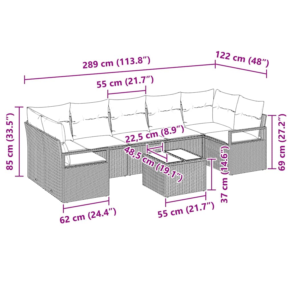 Conjunto de sofá de jardín con cojín 8 pcs Marrón y crema