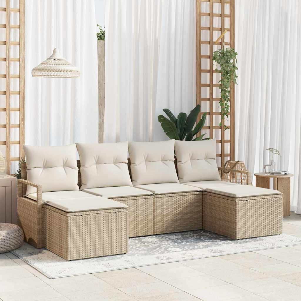 Juego de Sofá con cojín 6 pcs Beige y Crema ratán sintético