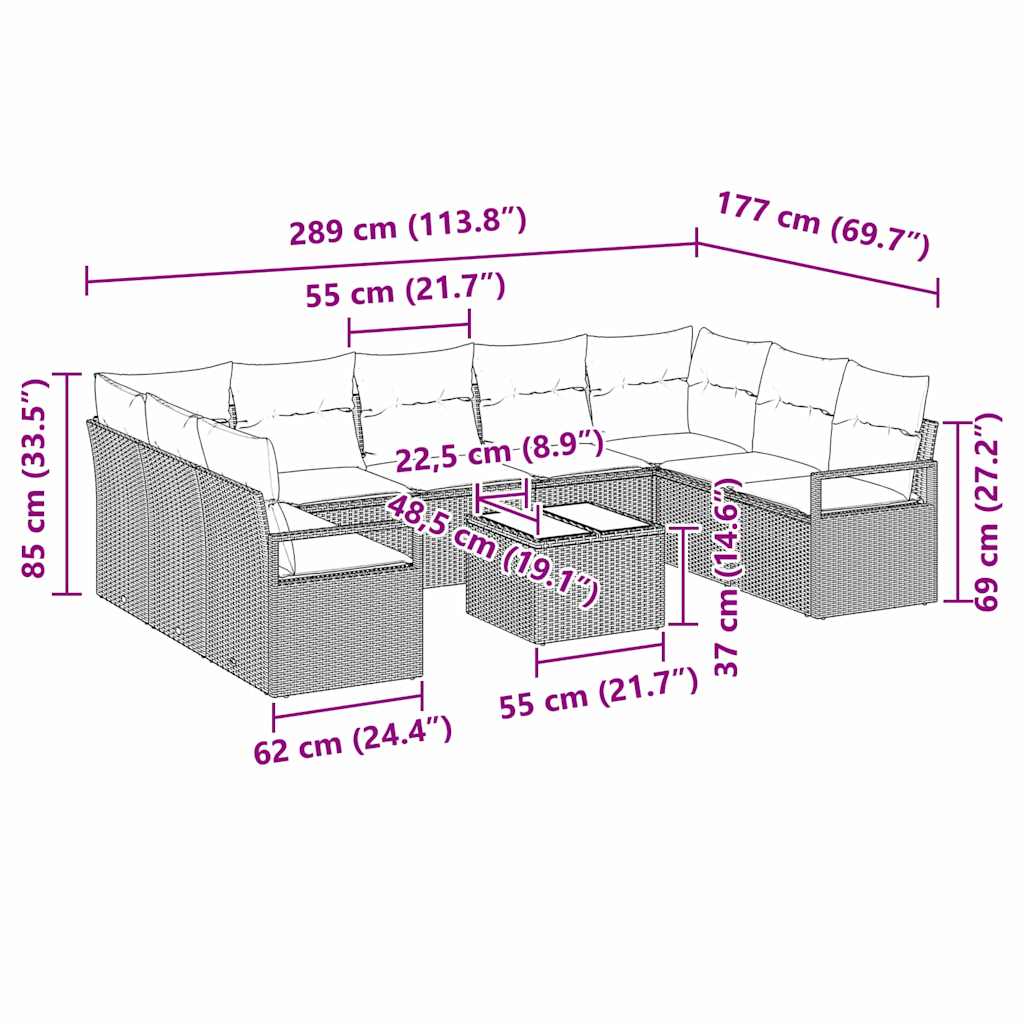 Conjunto de sofás de jardín 10 pcs Gris Claro ratán sintético