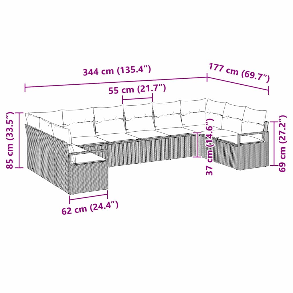 Conjunto de sofás de jardín 10 pcs Beige y ratán sintético