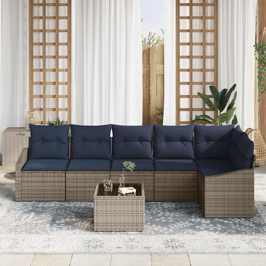 Conjunto de sofás de jardín 7 pcs Gris y marino ratán sintético