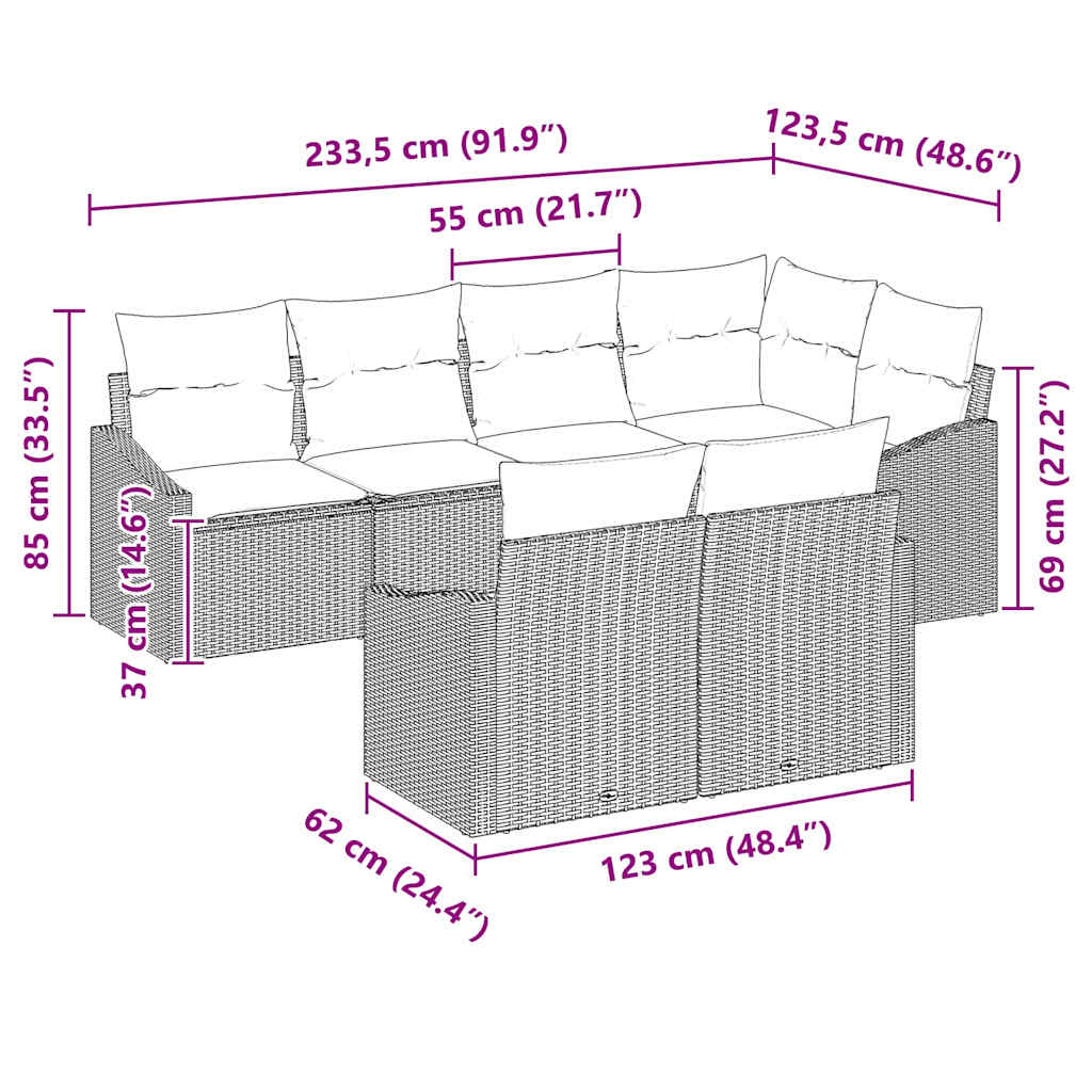 Conjunto de sofás de jardín 7 pcs Negro y ratán sintético