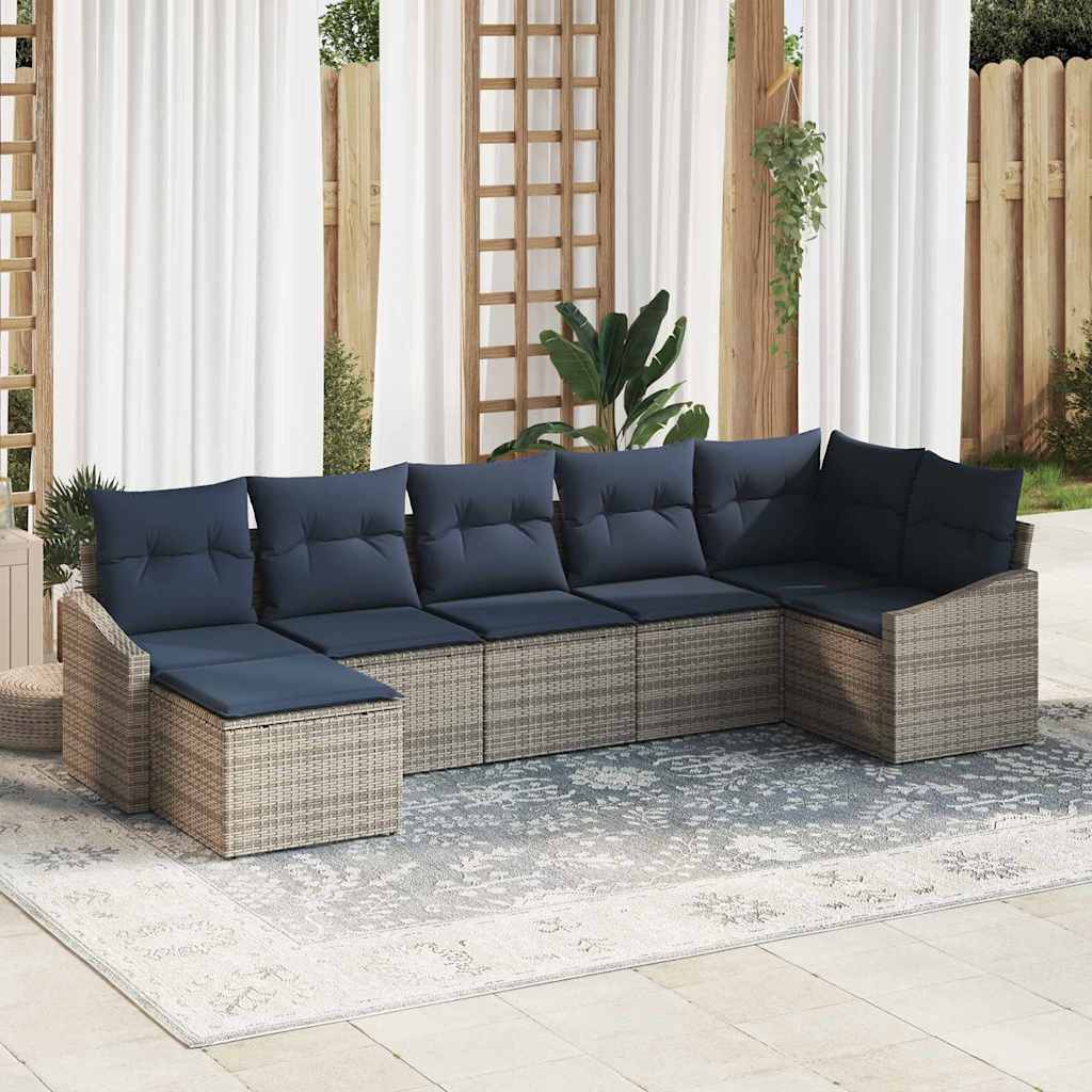 Conjunto de sofá de jardín 7 pcs Gris y marino ratán sintético