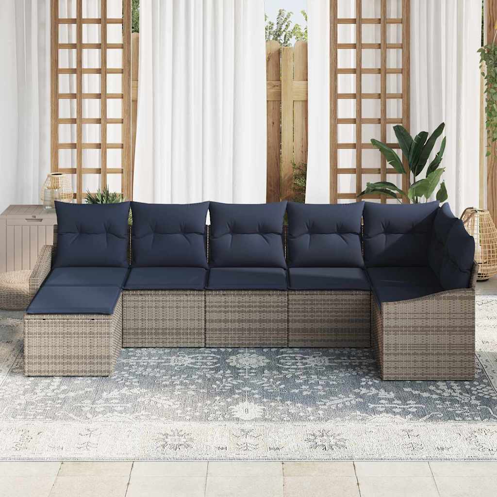 Conjunto de sofá de jardín 7 pcs Gris y marino ratán sintético
