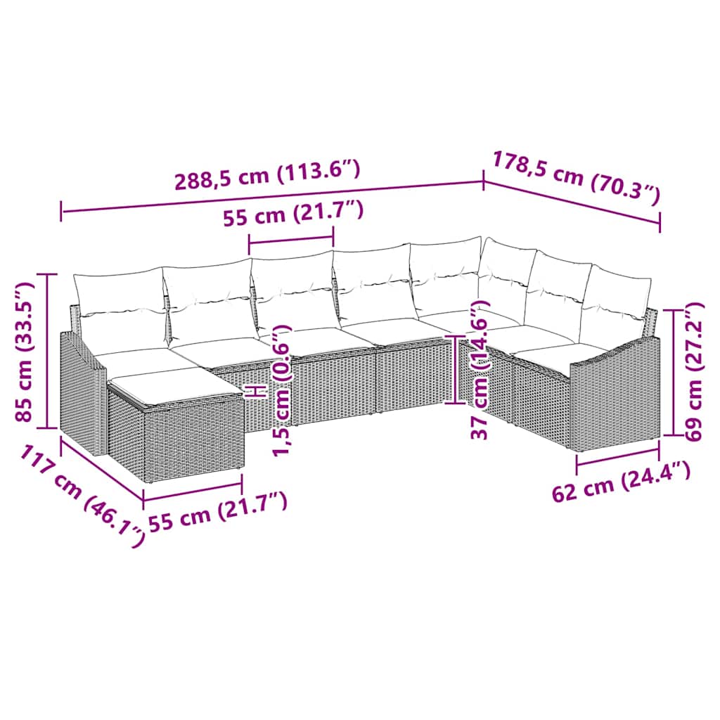 Conjunto de sofá de jardín 8 pcs Negro ratán sintético
