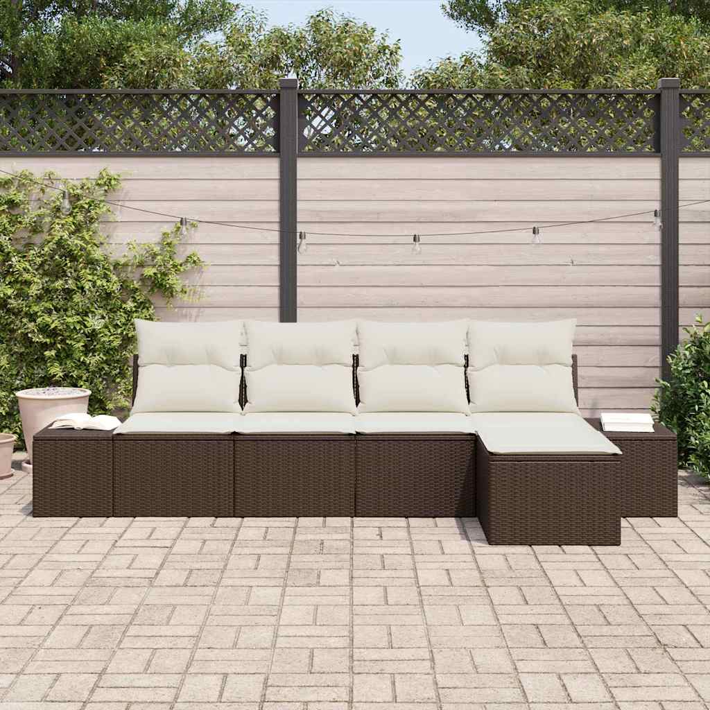 Conjunto de sofá de jardín 5 pcs Marrón y crema ratán sintético