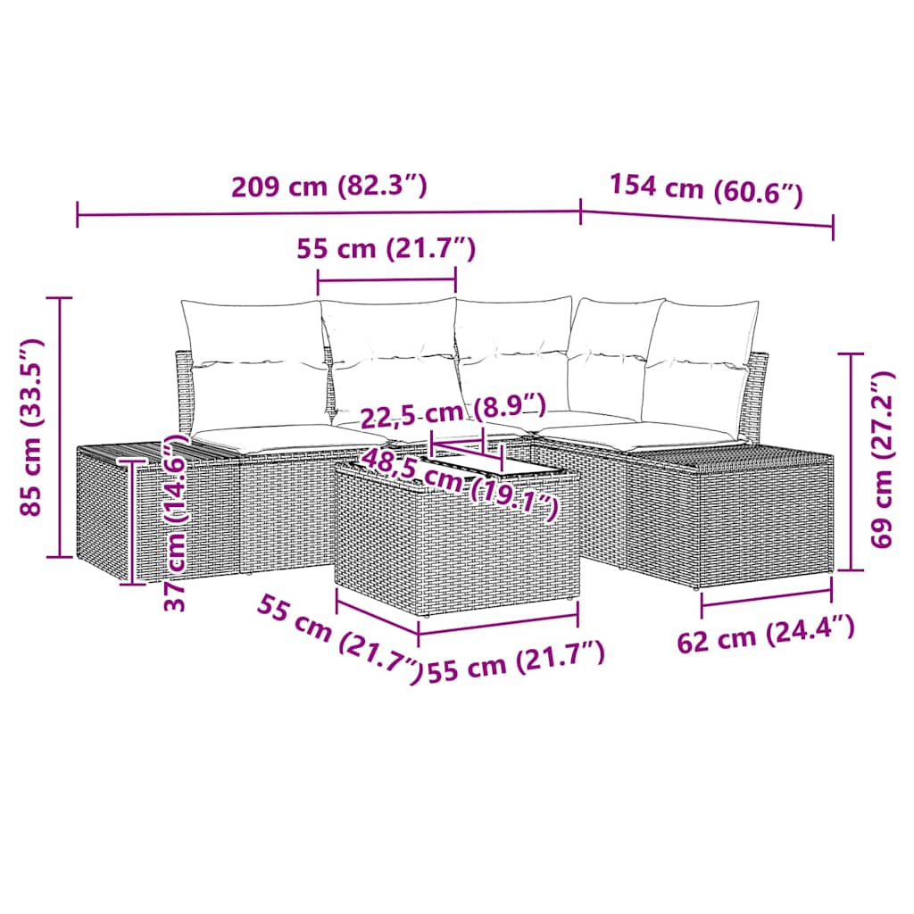 Conjunto de sofás de jardín Gris Claro ratán sintético