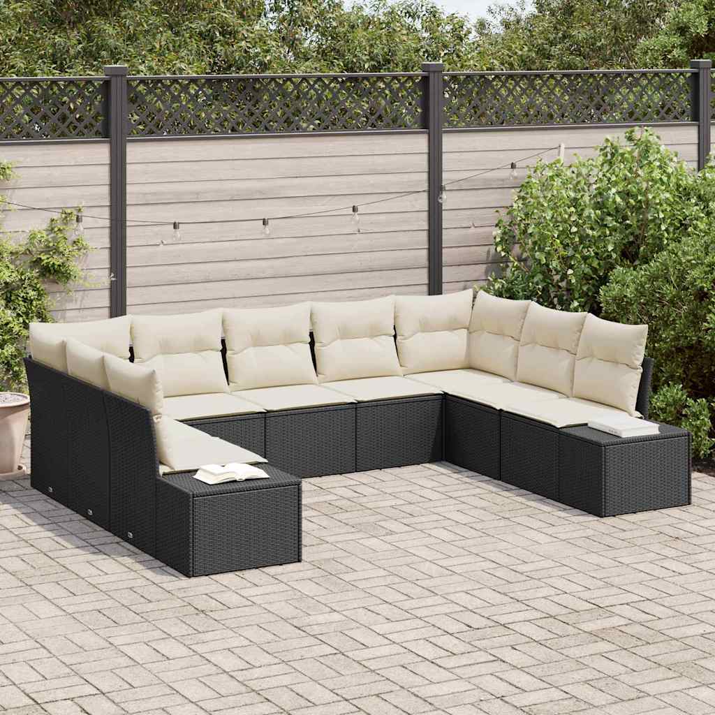 Conjunto de sofás de jardín 9 pcs Negro y crema Ratán sintético