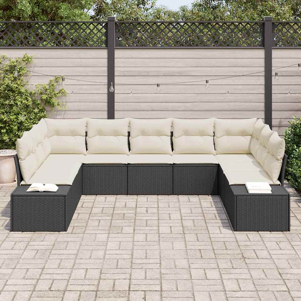 Conjunto de sofás de jardín 9 pcs Negro y crema Ratán sintético