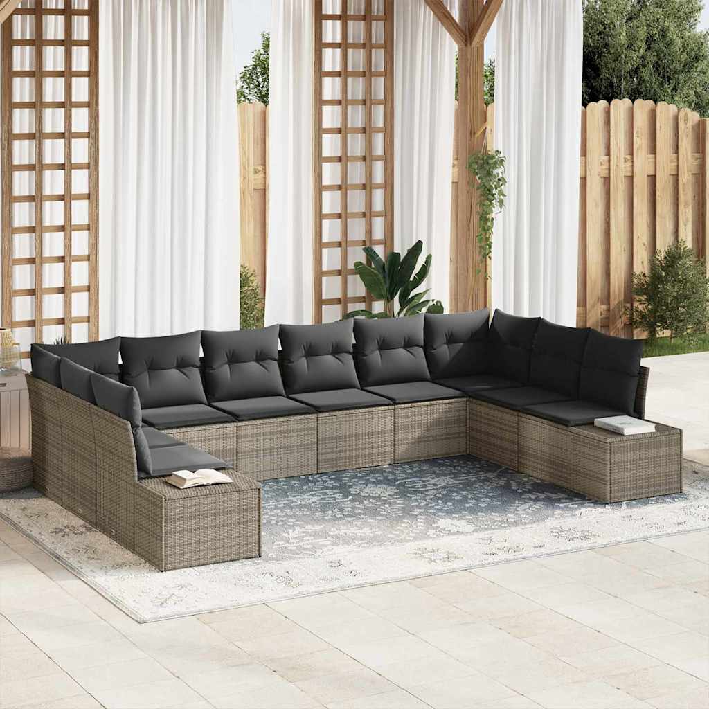 Conjunto de sofá de jardim com almofadões 7 pcs Cinzento vime sintético