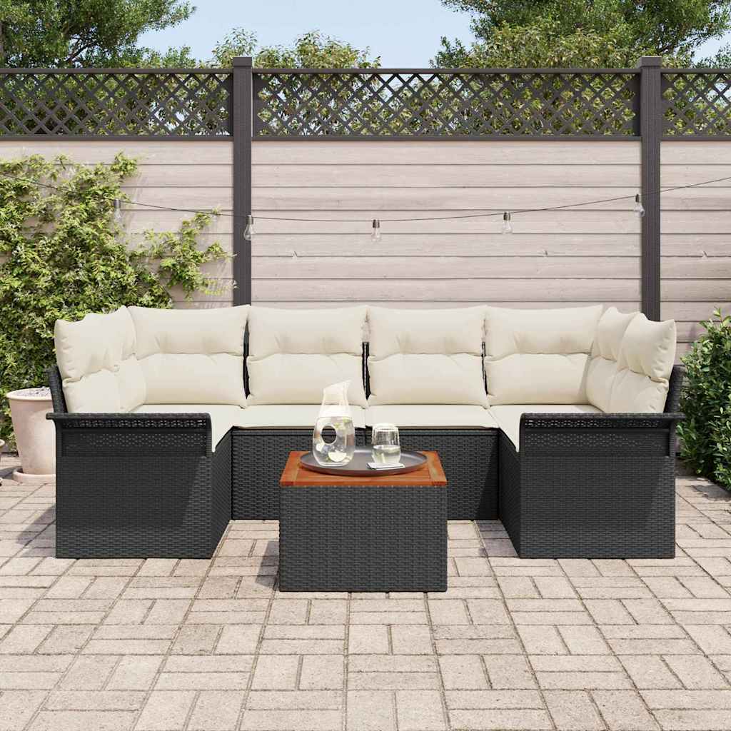 Conjunto de sofás de jardín 7 pcs Negro y crema ratán sintético