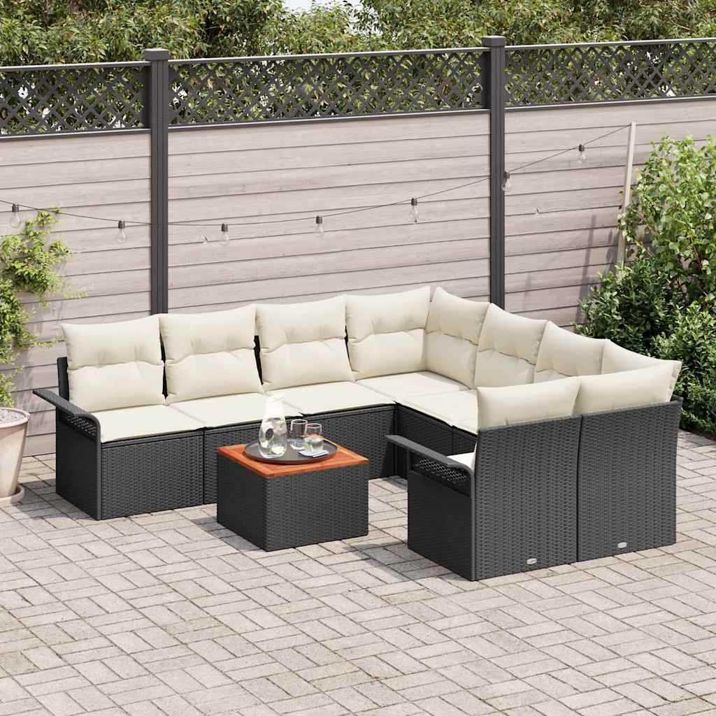 Conjunto de sofás de jardín 9 pcs Negro y crema ratán sintético
