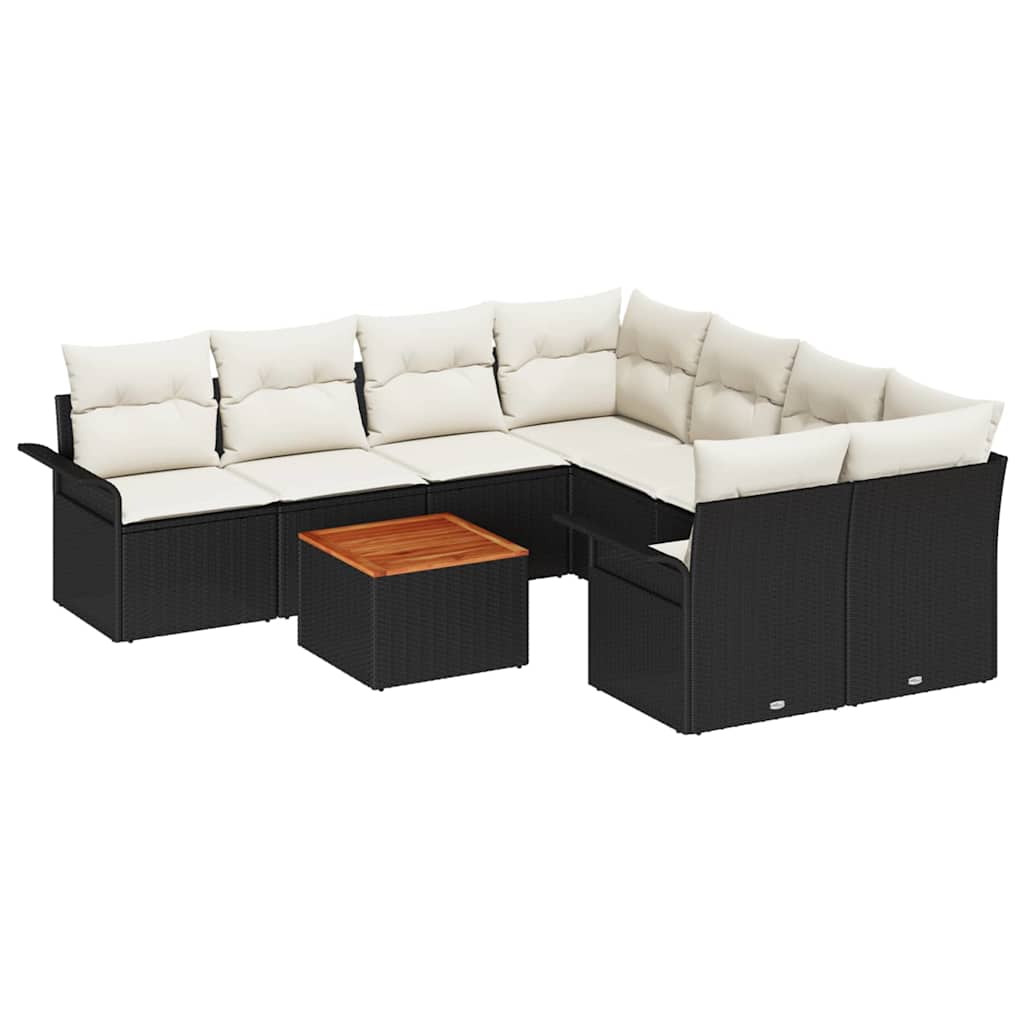 Conjunto de sofás de jardín 9 pcs Negro y crema ratán sintético