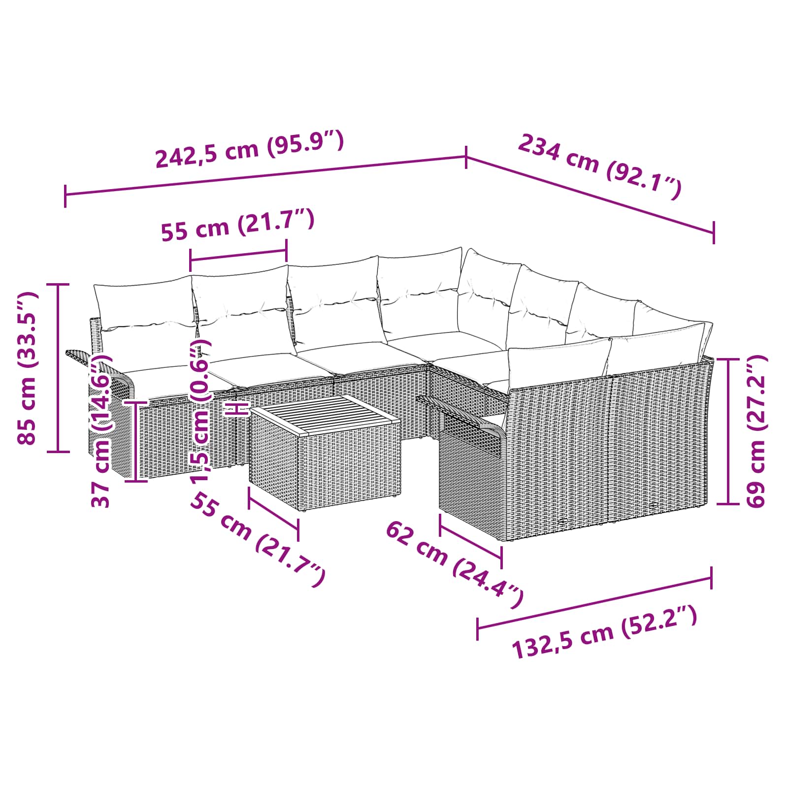 Conjunto de sofás de jardín 9 pcs Negro y Turquesa