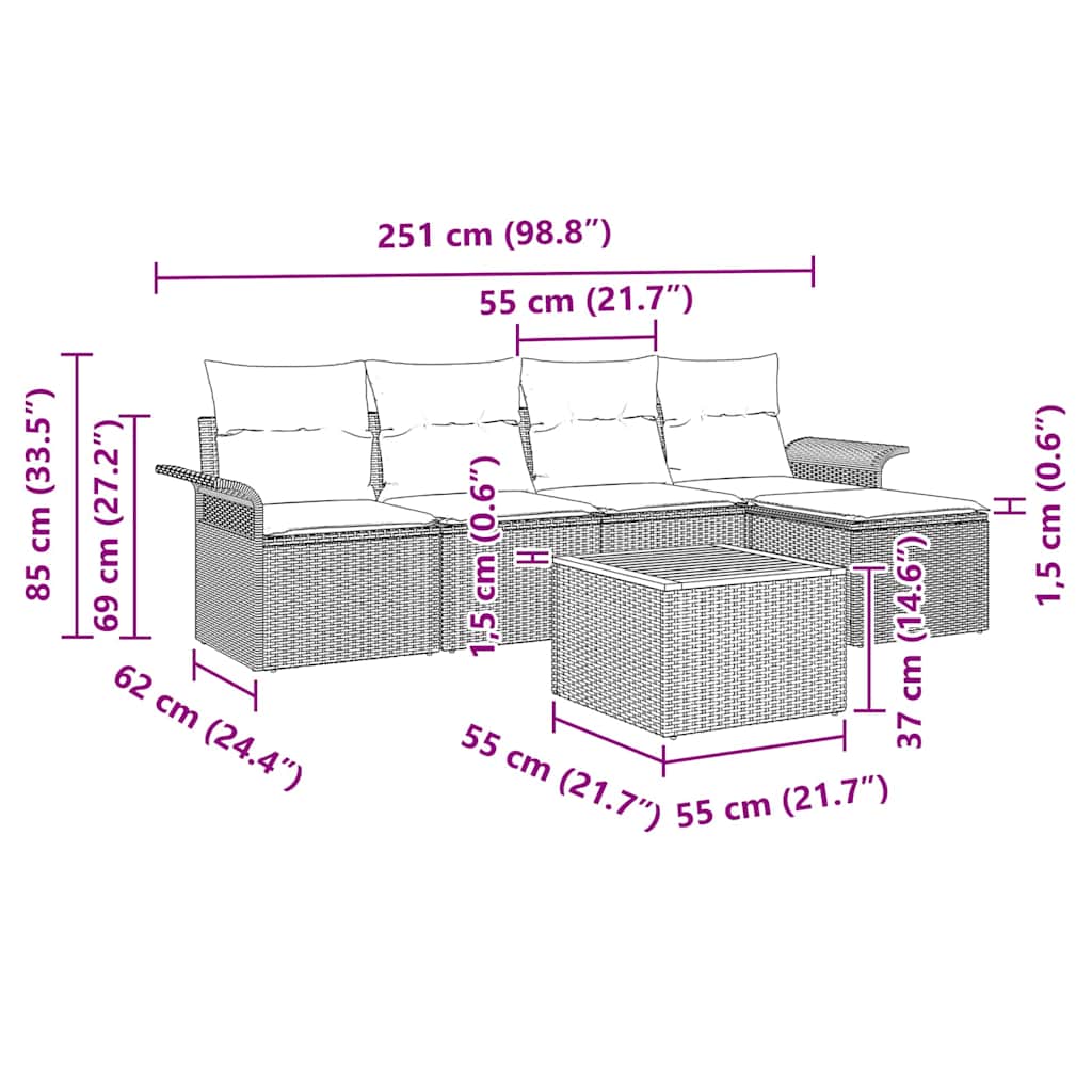 Conjunto de sofás de jardín 6 pcs Negro ratán sintético