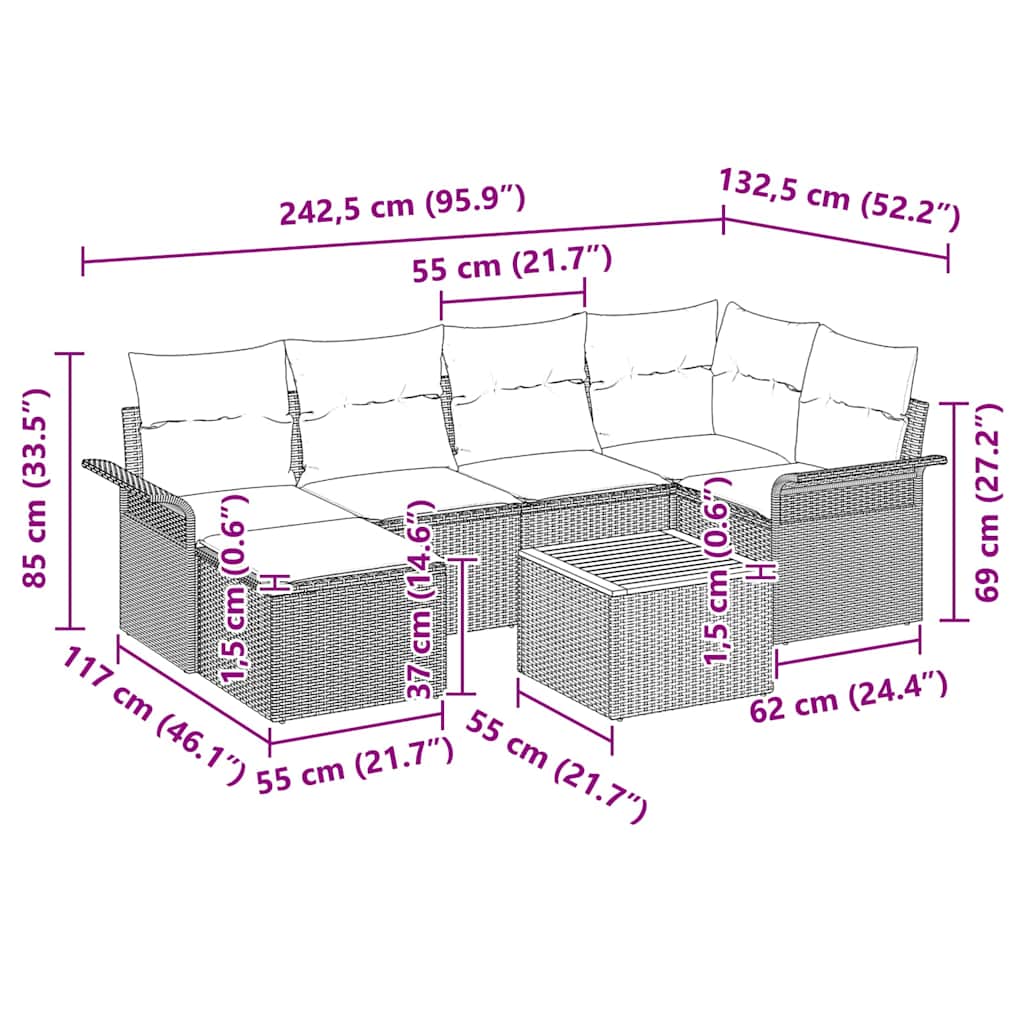 Conjunto de sofás de jardín 7 pcs Negro ratán sintético