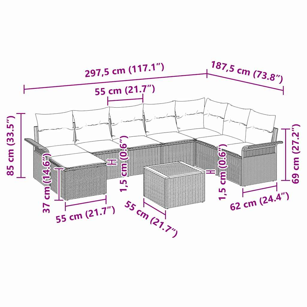 Conjunto de sofás de jardín 9 pcs Beige y Crema ratán sintético