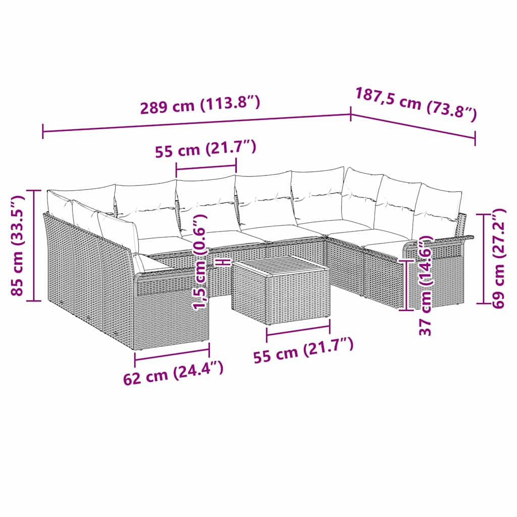 Conjunto de sofás de jardín 10 pcs Negro ratán sintético