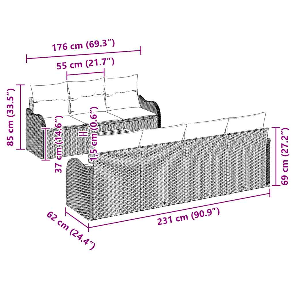 Conjunto de sofás de jardín 8 pcs Gris ratán sintético
