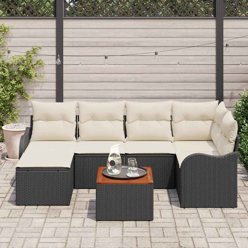Conjunto de sofás de jardín 7 pcs Negro y crema ratán sintético