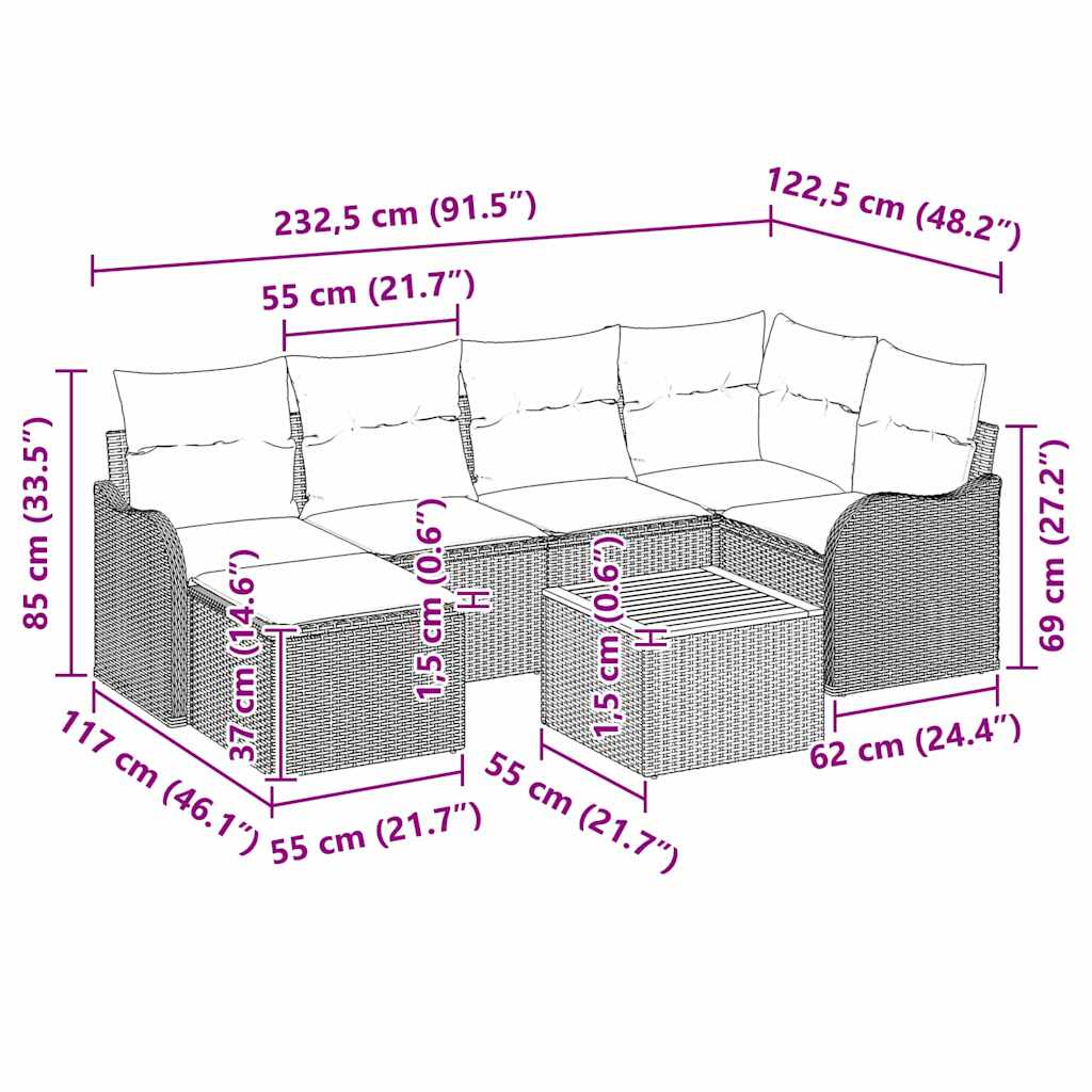 Conjunto de sofás de jardín 7 pcs Negro y crema ratán sintético